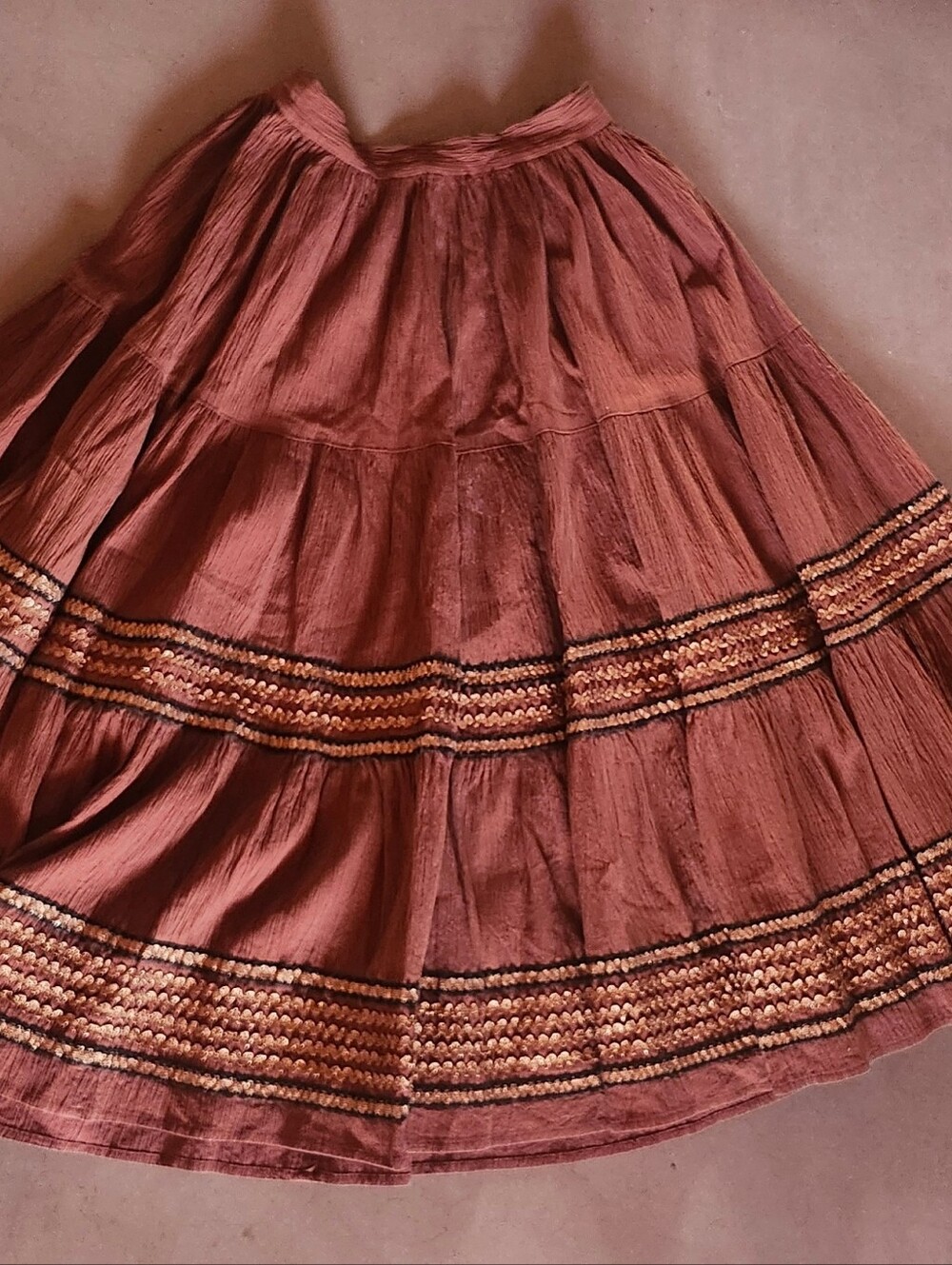 Vintage 50s 60s Brown Patio Circle Skirt W/ Metallic Trim XS Rockabilly Western - Picture 3 of 5